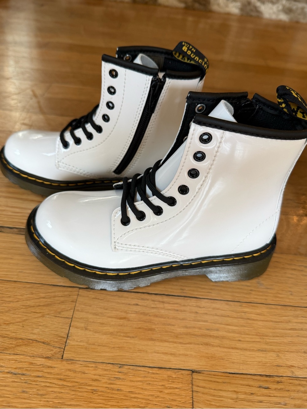 Dr. Martens White Patent Kids Lace-Up Ankle Boots with Black Trim